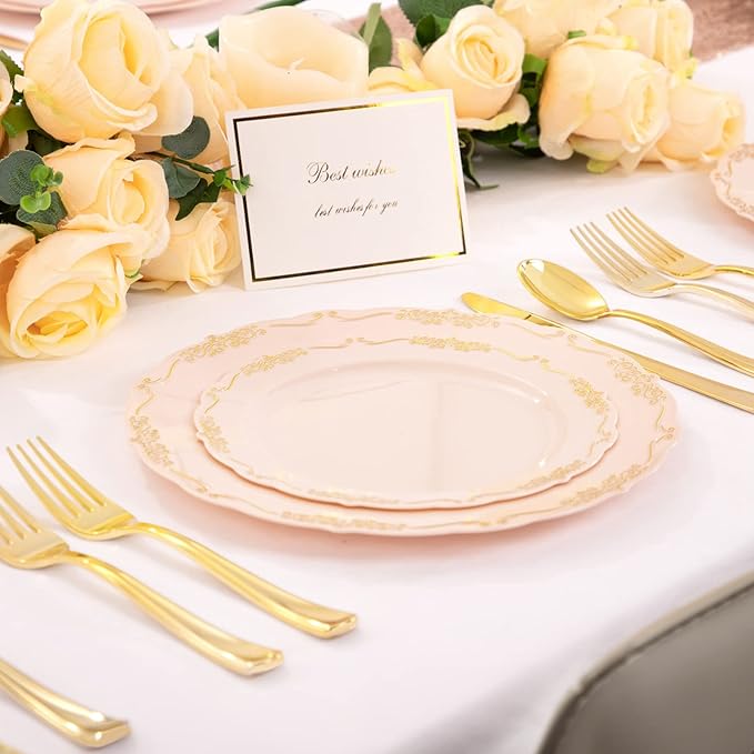 DaYammi 60 PCS Pink Gold Plastic Plates, Pink Disposable Plates with Gold Rim Include: 30 Dinner Plate, 30 Dessert Plate for Party, pink plastic plates with Vintage lace for Wedding
