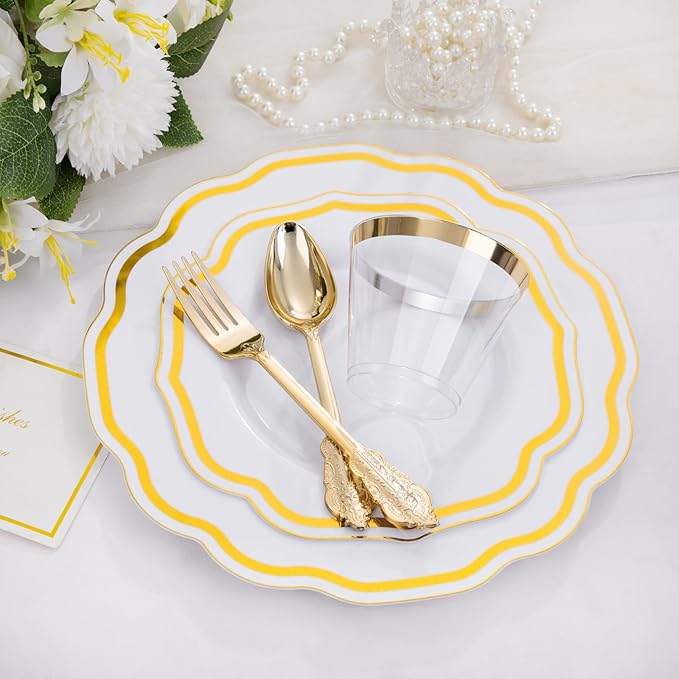 YOUBET 350 PCS White and Gold Plastic Plates - Disposable Plates for 50 Guests Tableware Includes 150 Gold Plastic Silverware, 50 Cups, 50 Napkins, for Wedding Party & Thanksgiving