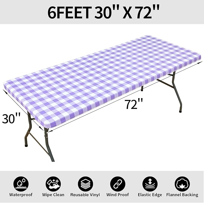 Smiry Rectangle Picnic Table Cloth, Elastic Waterproof Fitted Vinyl Tablecloths, Flannel Backed Buffalo Plaid Table Covers for Dining, Camping, Outdoor (White and Purple, 30" x 72")