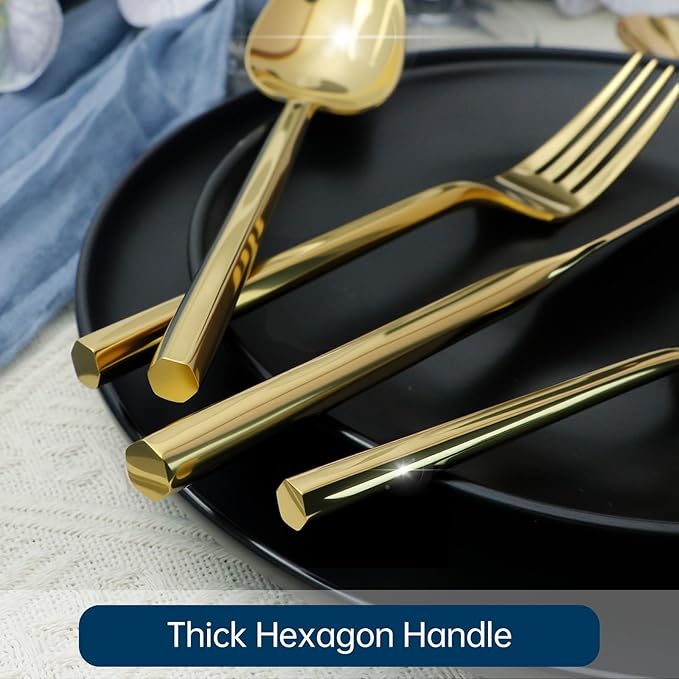 Silverware Set 60-Piece Stainless Steel Cutlery, Mirror Polishing Utensils, Gold Hexagon Flatware Sets, Service for 12