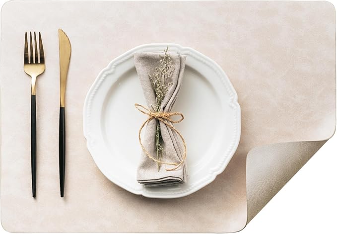 DOLOPL Placemats Set of 12 Reversible Dual-Color Table Placemats –Heat Resistant Wipeable & Washable Place Mats, Luxury Faux Leather Table Mats for Vintage Dining Table Decor (Beige&Light Grey)
