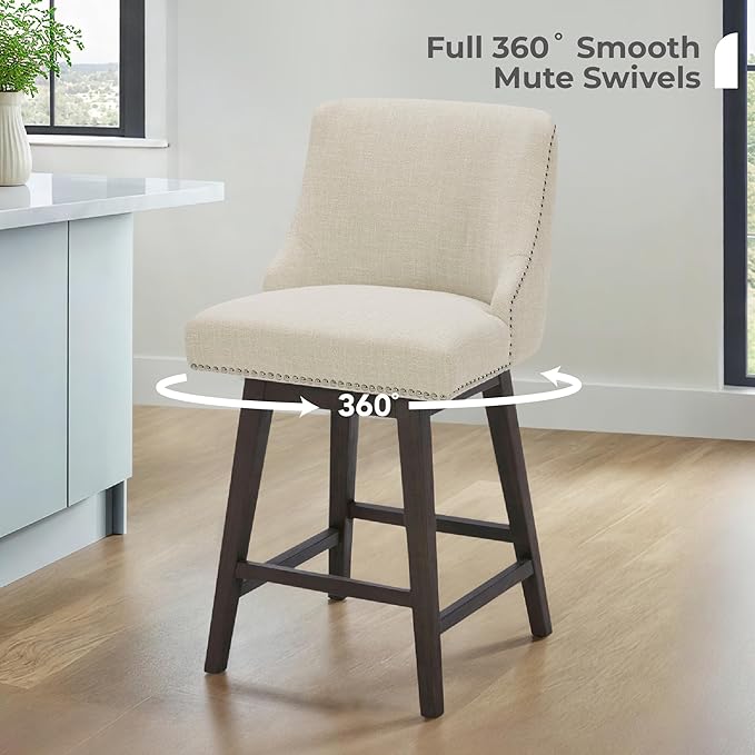 CHITA Counter Height Swivel Bar Stools, FSC Certified Upholstered Counter Stools, Modern Swivel Barstools with Wood Legs for Kitchen Island, 26" Seat Height, Fabric in Linen