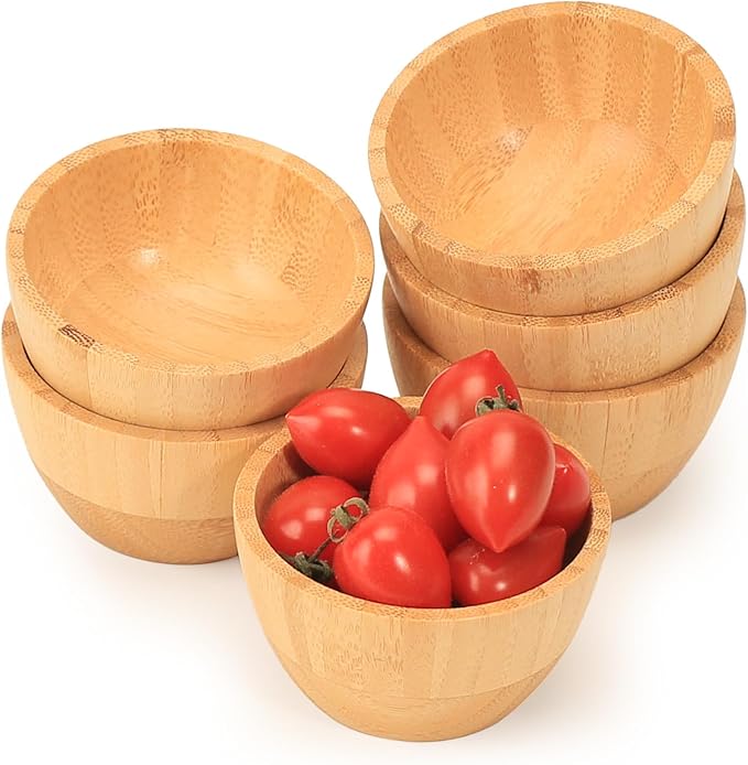Bamboo Wooden Bowls Set of 6, 3 Inch Small Serving Bowls for Snacks/Appetizers/Side Dishes/Charcuterie Board, Dipping Sauce Bowl for Condiments, 4 oz Bamboo Wood Ramekins, Reusable & Handmade