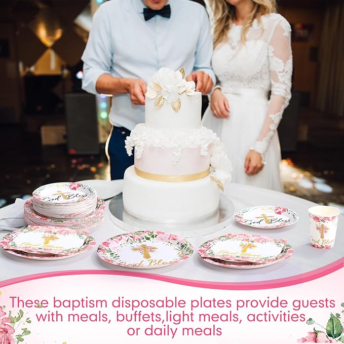 Pickmesh 250 Pcs Pink Baptism Cross Disposable Tableware Set First Holy Communion Baptism Disposable Paper Plates Napkins and Cups for Christening Celebration Baby Shower Religious Supplies