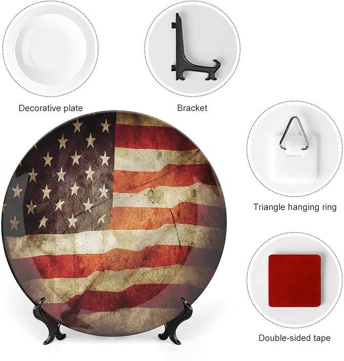 Ceramic Plates, American Flag Decorative Ceramic Plates, Grunge Look Patriotic, 7 Inch, Household Plates Decorative, Multicolor