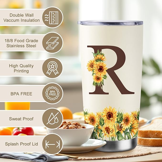 Sunflower Gifts for Women - Personalized Christmas Gifts for Women - Birthday Gift for Woman - Mothers Day Gift for Mom - Monogrammed, Initial 20oz Travel Cup Insulated Tumbler with Lid, R