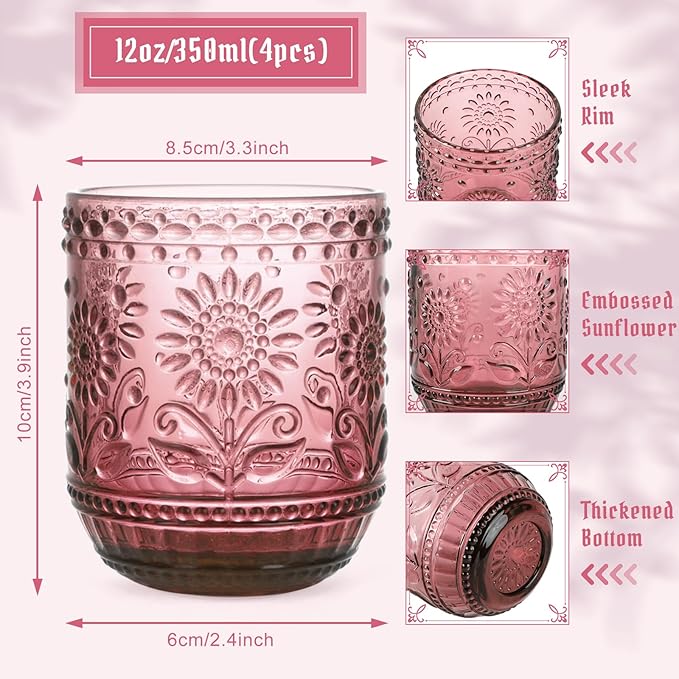 Topsky Vintage Drinking Glass Set of 4,12 oz Embossed Floral Drinkware Set,Pink Purple Drinking Glasses Cups Wine Glasses Colored Glassware for Whisky,Beer,Juice,Cocktail,Heavy Duty