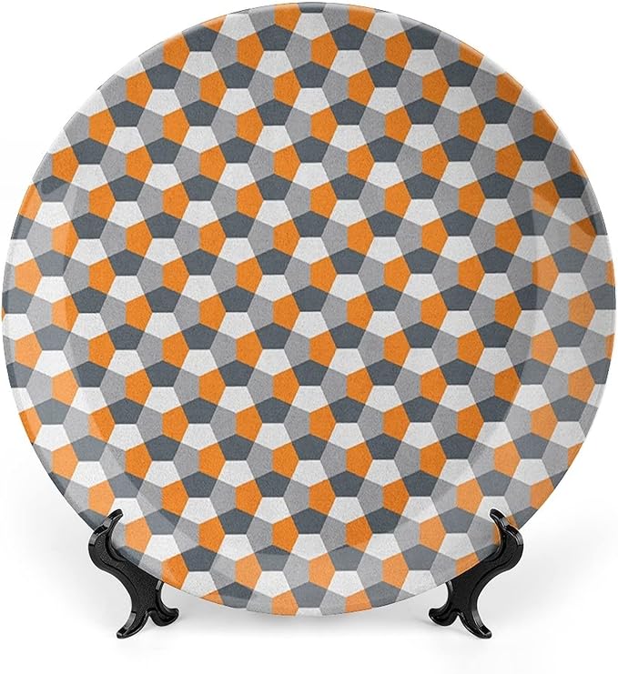 Decorative Plates, Abstract Print Ornament, Modern Style Mosaic Tile with Hexagonal Shapes, 8 Inch, Kitchen Wall Decor, Grey Charcoal Grey Orange