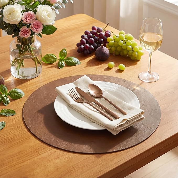 Artoid Mode Brown Faux Leather Placemats Set of 4, 15 Inch Waterproof Wipeable Heat Resistant Vinyl Place Mats, Reversible Table Mats for Kitchen Dining Decor