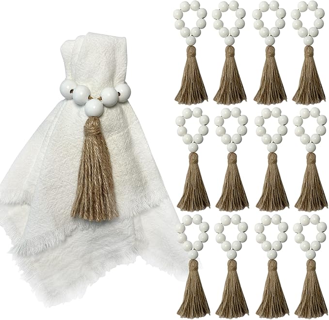 Napkin Rings Set of 12,Wooden Napkin Ring,Wood Bead Elastic Farmhouse Napkin Holder with Tassel,Boho Napkin Rings for Table Decor,Weeding,Dinner,Party (White)