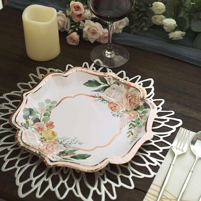 50 Pack 10" White/Rose Gold Floral Print Scallop Rim Dinner Plates, Disposable Round Paper Party Plates 300 GSM for Festive Table Decoration