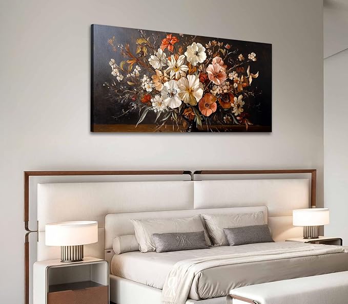 ADJUVANT Wall Art Vintage Floral Bouquet in Vase 48"L x 24"W, Flowers Canvas Painting Botanic Artwork Retro Blossoms Prints Graceful Floral Wall Decor for Living Room Bedroom Dining Room Home Office