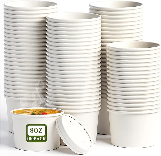 DI QIU REN 8oz Paper Soup Container Cup with Vented Lids, Disposable Paper Food Container Kraft Dessert Bowl Soup Bowls, Microwavable and Freezer Safe for Hot Soup, Ice Cream (100 Pcs - White, 8 oz)