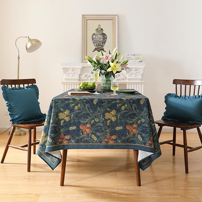 patdrea Designer Vintage Dark Blue Linen Square Tablecloth,French Rustic Floral Pattern Tablecloths,Decorative Table Cover Cloth for Kitchen,Dining,Tea Party,Home,Christmas,55"*55"
