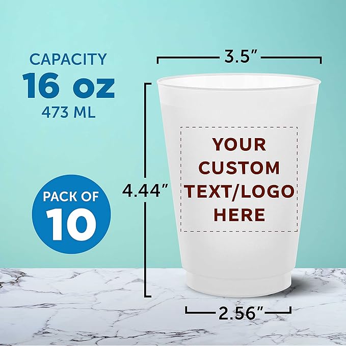 DISCOUNT PROMOS Custom Frosted Plastic Stadium Cups, 10 pack, Promotional Text, Logo, 16 oz. Shatterproof Flexible Reusable Party Cups, Natural