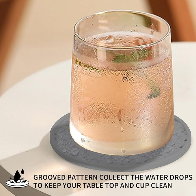 Gray Silicone Coasters with Holder, 4 Inches Non-Slip Heat Resistant Cup Mats, Decorative Waterproof Round Coaster Set of 6 for Home, Kitchen, Office, Bar, Coffee Table