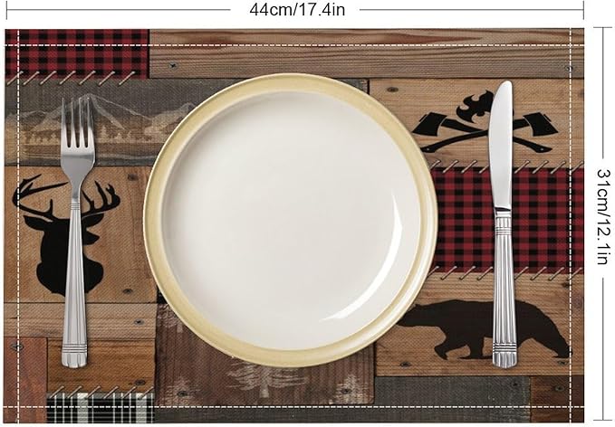 Vintage Bear Deer Placemats Rustic Wildlife Moose Forest Animal Cabin Lodge Lake Pine Heat-Resistant Linen Table Place Mats for Dining Kitchen Country Camp Style Farmhouse Decor 6 PCS, Countryside-7