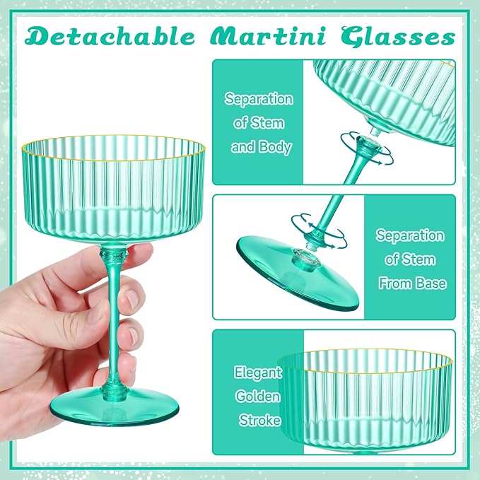 XUWAIDSGN 12 Pcs Champagne Martini Glasses 9 Oz with Gilded Removable Gold Rim Coupe Glasses Pink Martini Glasses Plastic Mimosa Vintage Coupe Glasses Set For Wedding Anniversary (12, Teal)