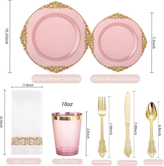 Hioasis 175pcs Burgundy and Gold Plates - Burgundy Party Plates for 25 Guest, Include 50 Heavy-duty Plates(20% Thicker Than Standard), 75 Cutlery Set, 25 Napkin, 25 Cups