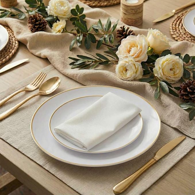 I00000 150PCS White and Gold Plastic Plates with Disposable Silverware for 30 Guests,Nice Disposable Plates,White Plastic Plates Set Include 30 Dinner Plate,30 Dessert Plate,90 Gold Cutlery for Party