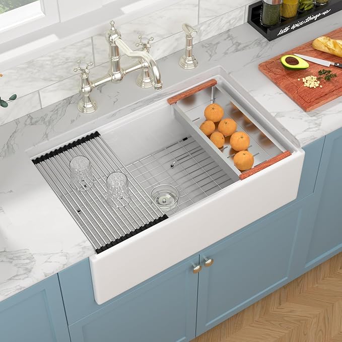 Sarlai 33 White Farmhouse Kitchen Sink - 33x20 Inch White Farm Sink Workstation Undermount Kitchen Sinks Apron Front Ceramic Porcelain Fireclay Single Bowl Farmer Sinks Basin