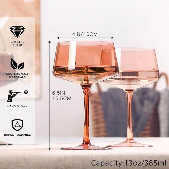 Brown Coupe glasses Set of 6-13 oz Large Capacity Martini Glassware - Amber Colored Cocktail Glasses- 【Hand-Blown】 Colored Champagne Glass-Valentine's Day,Wedding Gifts