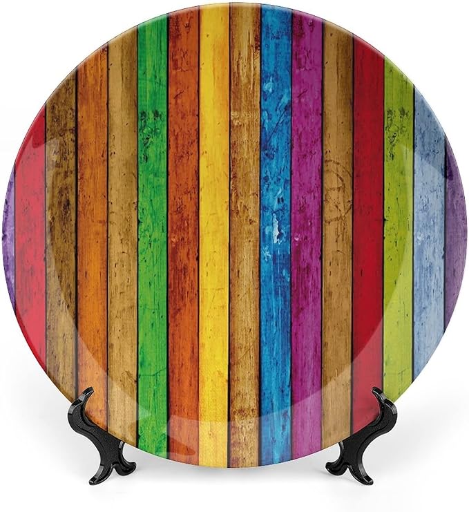 Ceramic Plates, Abstract Decorative Ceramic Plates, Vibrant Wooden Artistic Cheerful Art Rainbow Image, 8 Inch, for Dining, Parties, Wedding, Multicolor