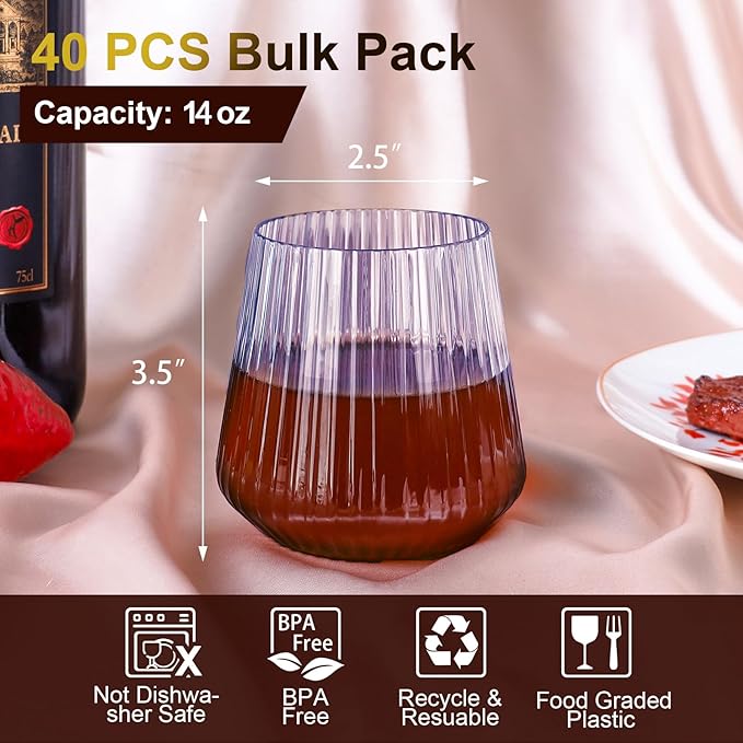 40 Pack Plastic Ribbed Wine Glasses, 14Oz Origami Disposable Wine Glasses Unbreakable Clear Plastic Cocktail Glasses Recyclable Shatterproof Reusable Wine Cups (14oz-blue-40pack)