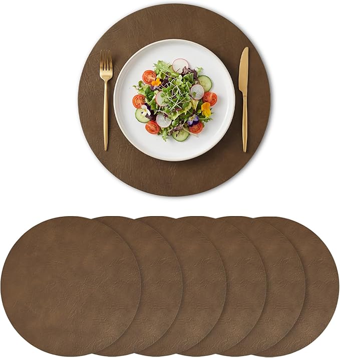 Artoid Mode Brown Faux Leather Placemats Set of 6, 15 Inch Waterproof Wipeable Heat Resistant Vinyl Place Mats, Reversible Table Mats for Kitchen Dining Decor