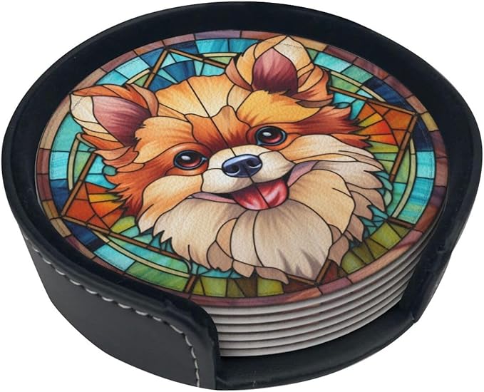 Drink Coaster Set of 6, Pomeranian Dog Mom Lover Gift,Leather Drink Coasters with Holder,6 Pack Cup/Bar/Drink Coasters for Table/Drinks/Coffee Protection Housewarming Gift