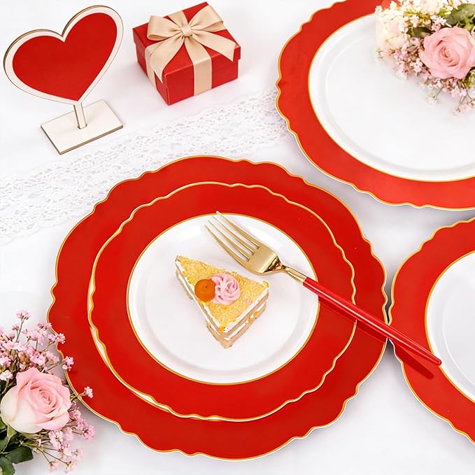 WDF 60pcs Red Valentines Plates with Gold Rim - 10.25inch Red Dinner Plates Disposable Plates Table Decor for Valentine's Day
