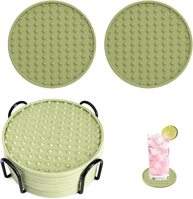 Set of 8 Silicone Coasters, 4'' Drink Coaster with Holder, Round Coasters for Drinks Beer Coffee Home Office Bar Desk Tabletop Protection, Non-Slip Rubber Coaster (Green, 8 Pcs-Metal Holder)
