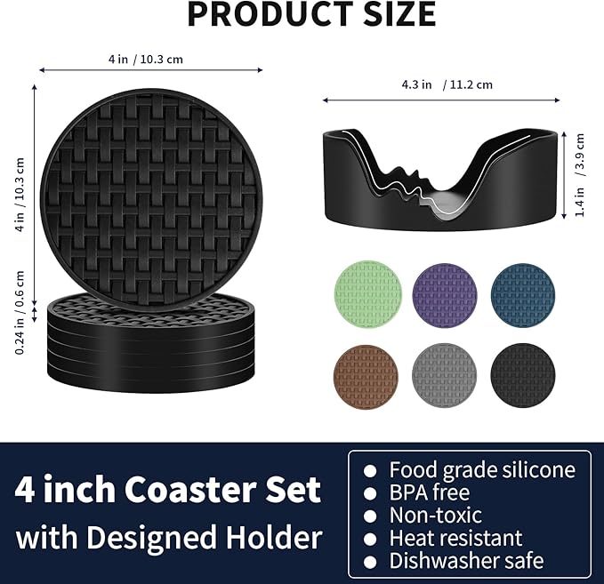 6 Pcs Silicone Coasters for Drinks Black, 4 Inches Heat Resistant Cup Mats, Non-Slip Waterproof Table Protectors for Coffee Mugs, Cups - Home Kitchen Office Decor
