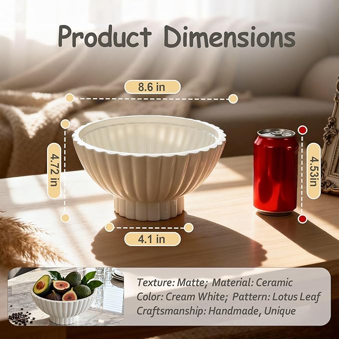 8 Inch White Ceramic Decorative Bowl Modern Small Footed Fruit Bowl Kitchen Counter Key Bowl for Home Decor, Ruffle Pedestal Centerpiece Bowls for Christmas Coffee Table