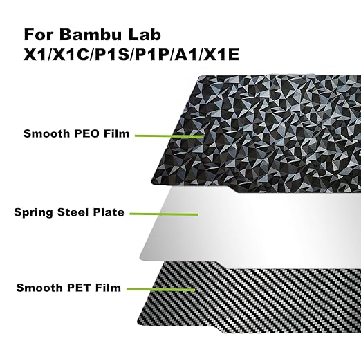 PEO PET Bambu Labs Build Plate for Bambu Lab P2S X1 X1C X1E P1P P1S A1 3D Printer,Smooth Flexible Double Sided Diamond PEO+Carbon Fiber PET Spring Steel Sheet 257x257mm for Bambu 3D Printers