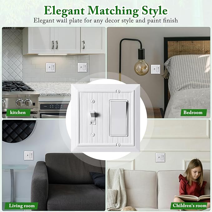 Beadboard Outlet Covers Wall Plates, Bamboo Fiber Light Switch Covers, Natural Material Electric Receptacle Decorative Switch Plate Outlet Cover (Pure White, 2 Gang Toggle/Decorator 2 Pack)