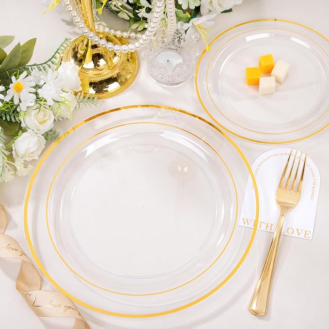 FLOWERCAT 100PCS Clear Plates with Gold Trim - Heavy Duty Clear and Gold Plastic Plate Disposable for Birthday Party/Wedding Include 50PCS 10.25inch Dinner Plates - 50PCS 7.5inch Cake Plate