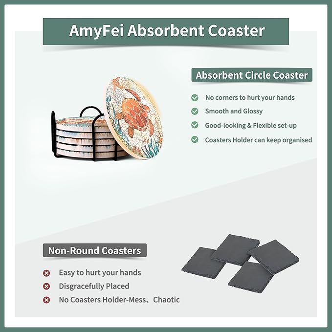Round Absorbent Ceramic Stone Coasters, Sea Ocean Life Drinks Coasters Sets of 6, Coastal Decor Beach Theme Tropical for House Apartment Kitchen Bar Decor, Wooden Table, Coffee Table(4 Inches)