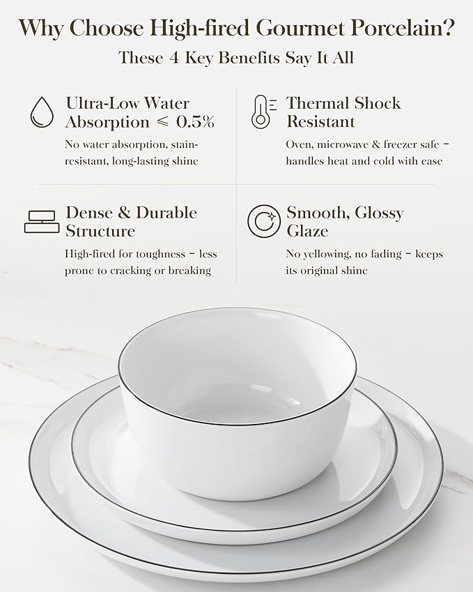 MALACASA 18 Pieces Gourmet Porcelain Dinnerware Sets, Premium Plates and Bowls Set, High-Fired Dishes Set for 6, Chip & Scratch Resistant, Microwave Dishwasher Safe, White & Black Rim, Series LEXI