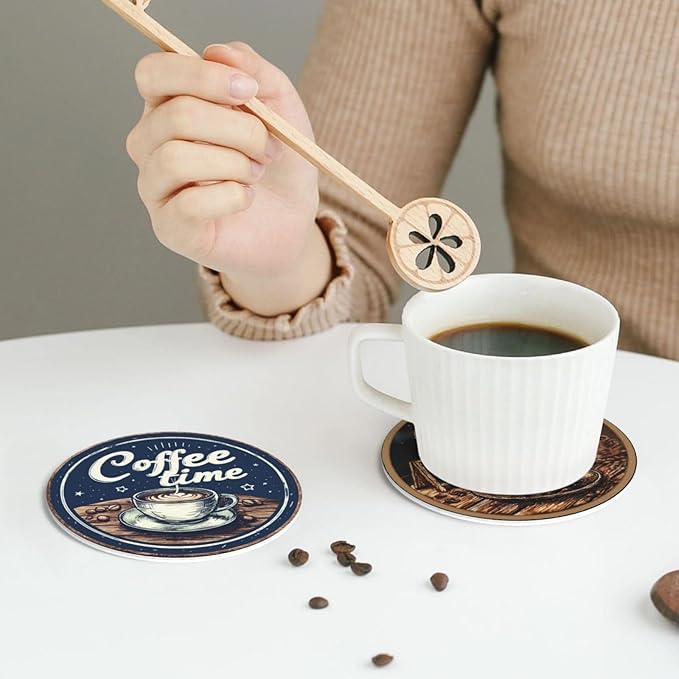 Coffee Coasters for Drinks with Holder Round Leather Coasters Set of 6 Cups Mugs Mat Pad for Home Kitchen Bar