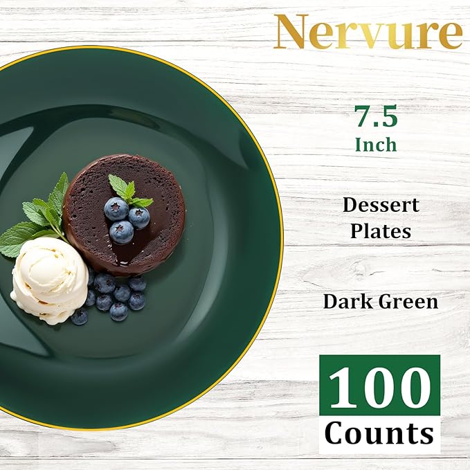 Nervure 100Pcs Green and Gold Plastic Plates - 7.5inch Disposable Green Dessert/Salad Plates - Heavy Duty Plastic Plate Ideal for Wedding & Party