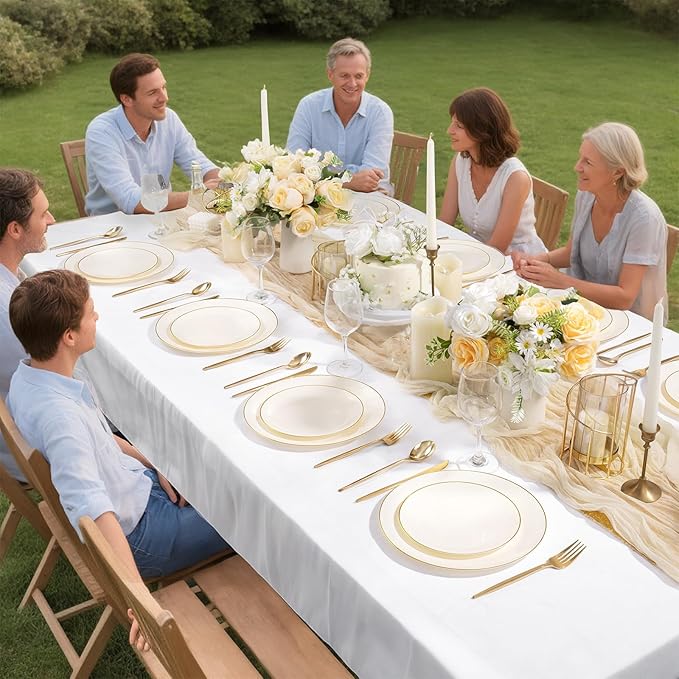 bUCLA 200PCS Ivory Plastic Plates with Gold Rim - Heavy Duty Cream Disposable Include 100 Dinner 10 inch & 100 Dessert 7 inch Plates, Ideal for Party & Wedding