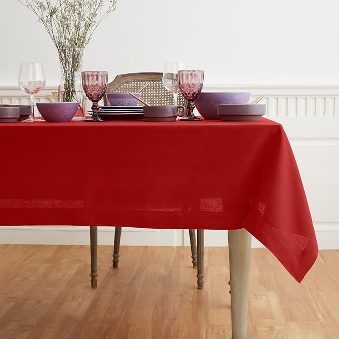 Solino Home Linen Red Tablecloth 60 x 144 Inch - 100% Pure Linen Rectangular Tablecloth - Machine Washable Table Cloth for Valentines - Fete