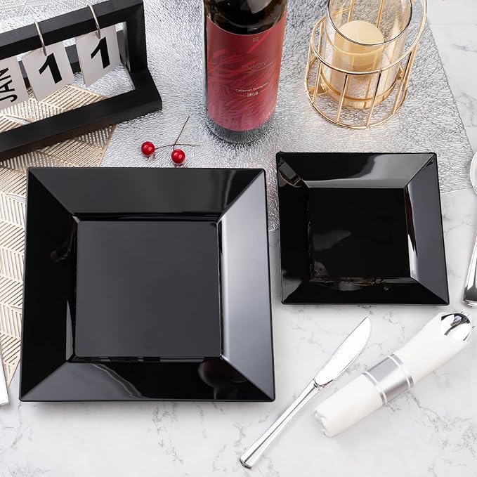 Goodluck 100 Black Pack Disposable Square Plastic Plates, Heavy Duty 50 Dinner Plates 9.5" and 50 Dessert Plates 6.5", Fancy Disposable Plates for Wedding, Holiday Party, Birthday, Halloween