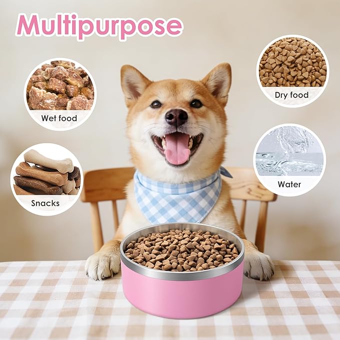IKITCHEN Dog Bowl for Food and Water, 64 Oz Stainless Steel Pet Feeding Bowl, Durable Non-Skid Double Wall Insulated Heavy Duty with Rubber Bottom for Medium Large Dogs (64 Ounces/8 Cup, Pink)