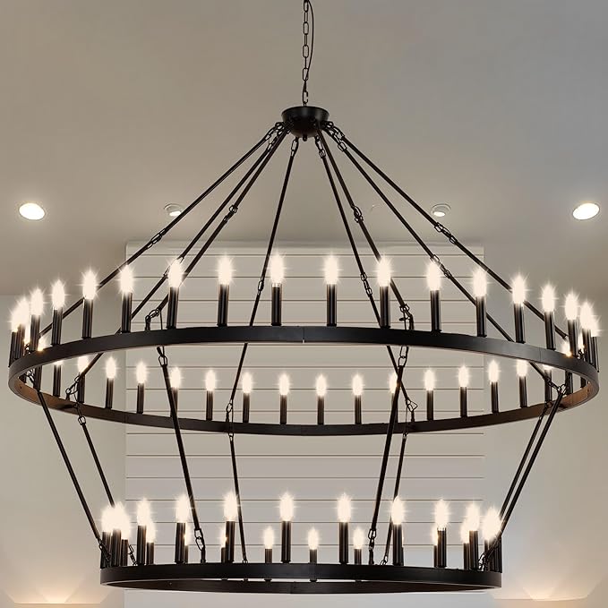 70 Inch Extra Large Wagon Wheel Chandelier 2 Tier 64-Lights Black Farmhouse Pendant Light Fixture, Round Rustic Hanging Lighting for Outdoor Porch high Ceilings Living Dining Room Foyer Entryway