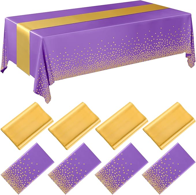 Breling 8 Pack Purple and Gold Disposable Plastic Tablecloths and Satin Table Runner Set, 54 x 108 Inch Tablecloth, 12 x 108 Inch Table Runners for Wedding Graduation Birthday Baby Shower New Year
