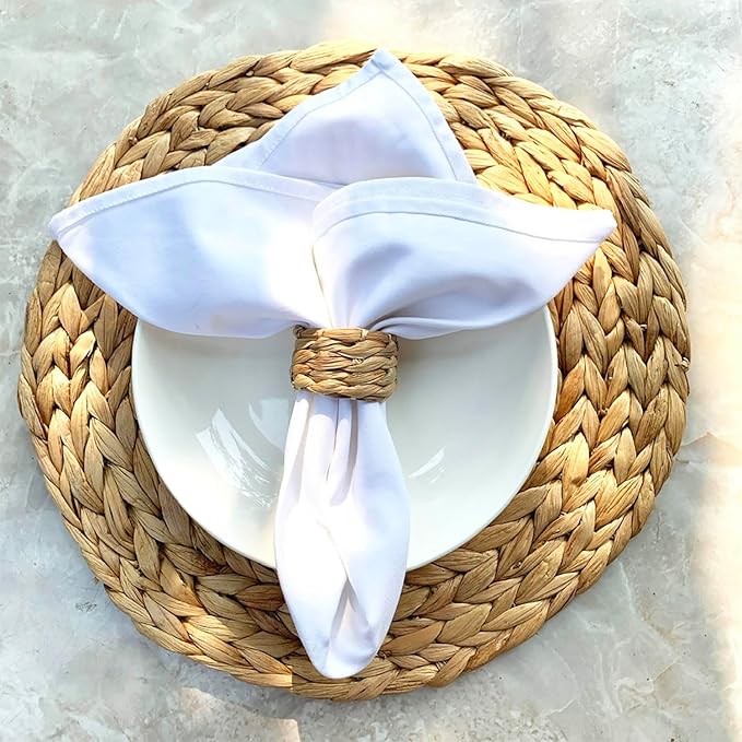 Set 12 Woven Water Hyacinth Napkin Rings | Rustic Boho Wicker Napkin Holders | Natural Farmhouse Rattan Napkin Ring for Christmas, Thanksgiving Dining Table, Wedding Party