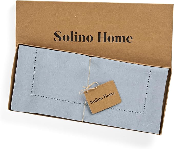 Solino Home Linen Dusty Blue Table Runner 36 Inches - Classic Hemstitch, 100% Pure Linen Coffee Table Runner 14 x 36 Inch Ideal for Dresser Tables - Winter, Spring, Easter