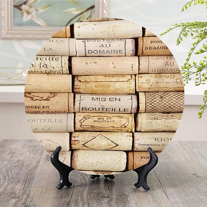 Decorative Plates, Winery Print Ornament, Different Wine Corks Arranged in Line Collections, 7 Inch, Kitchen Wall Decor, Ivory Pale Brown